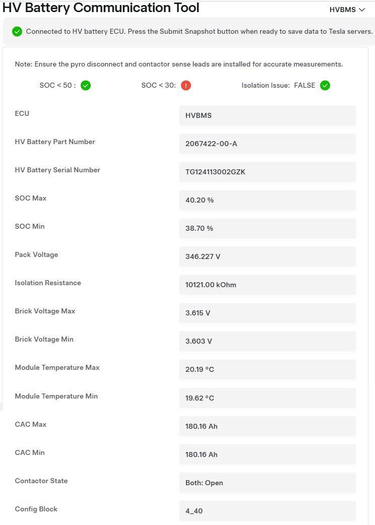 Resultados del diagnóstico de la batería de alto voltaje de Tesla en Tesla Toolbox mediante un adaptador PCAN