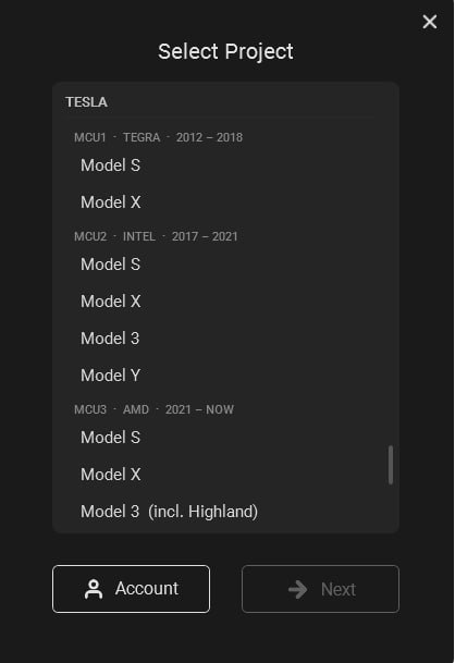 Diagnóstico de Tesla: menú de selección del modelo