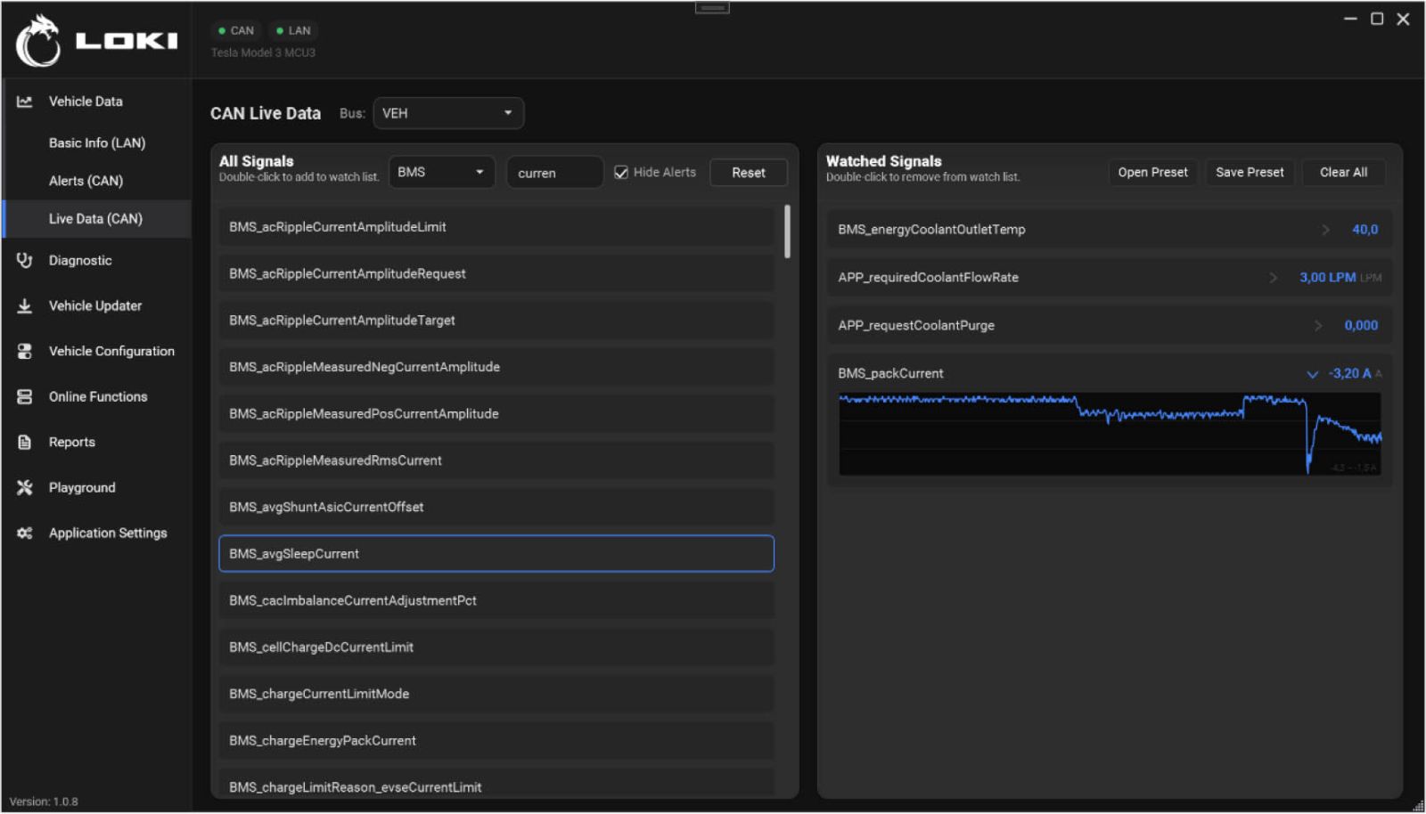 LOKI PRO — Live Data analysis and real-time Tesla vehicle parameter graphs