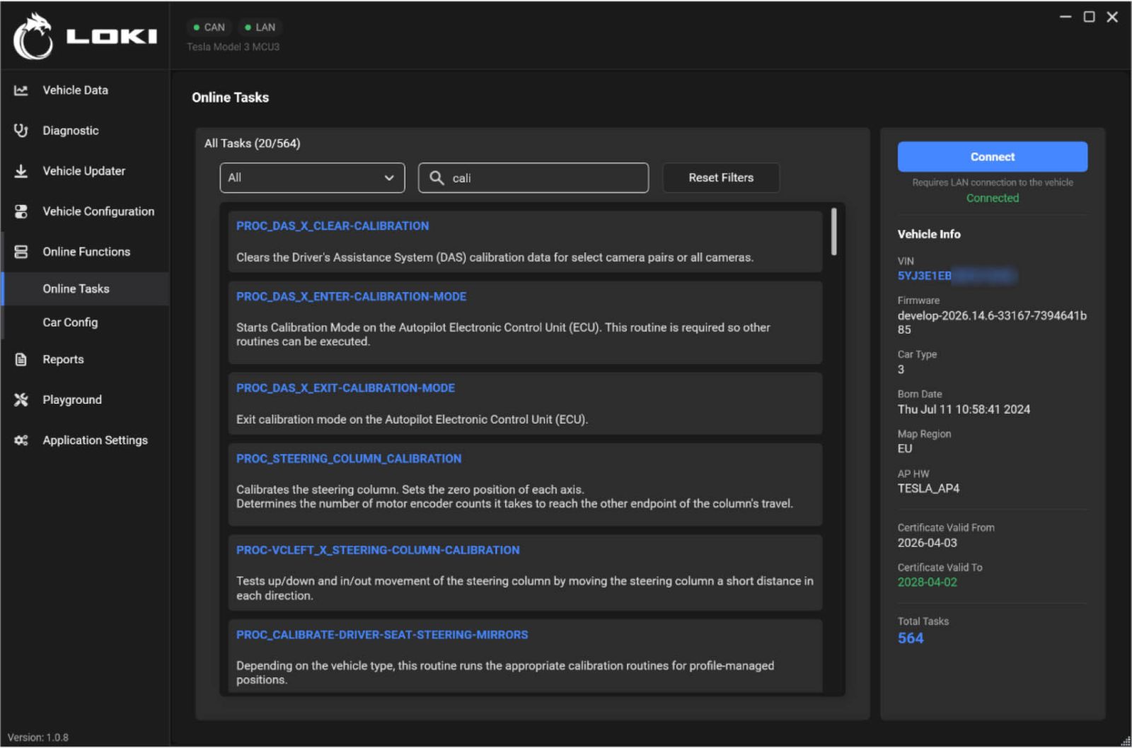 Tesla service procedures and system calibration in LOKI PRO software